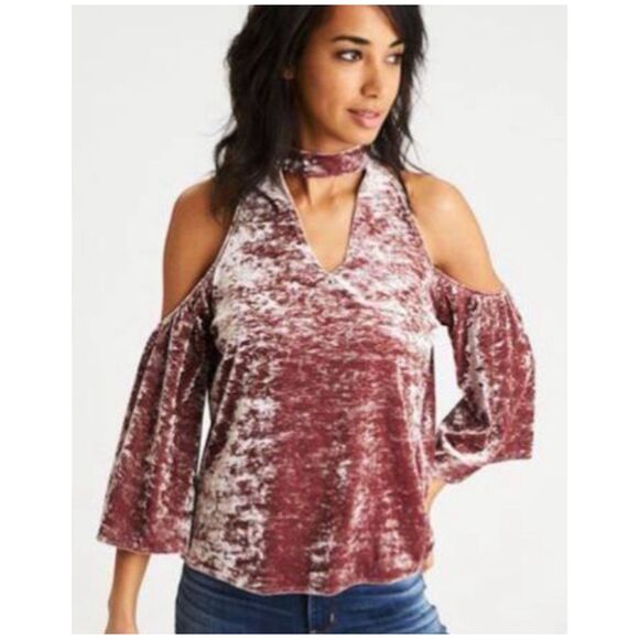 AMERICAN EAGLE OUTFITTERS Velvet Cold Shoulder High Neck V Rose Pink Boho Blouse - Picture 1 of 4